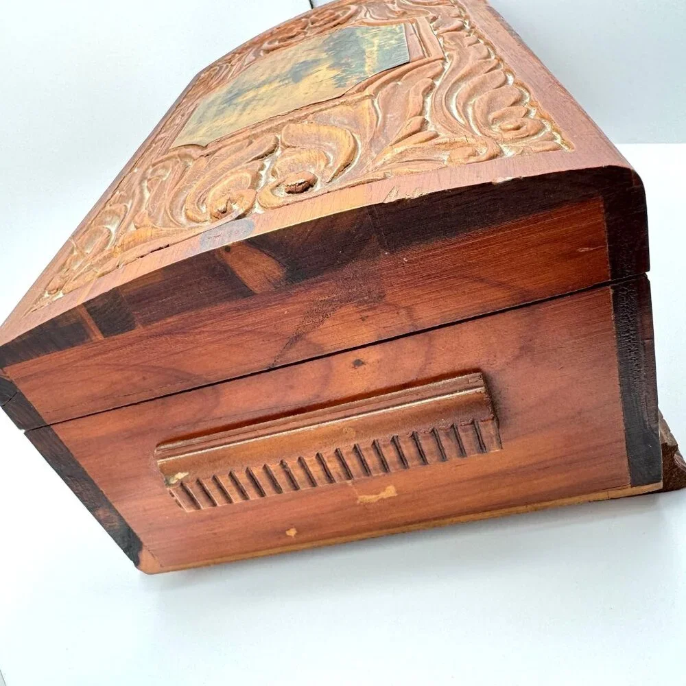 Vtg 1950s Hand-Carved Cedar Wood Jewelry Box Mirror Windmill Footed Base